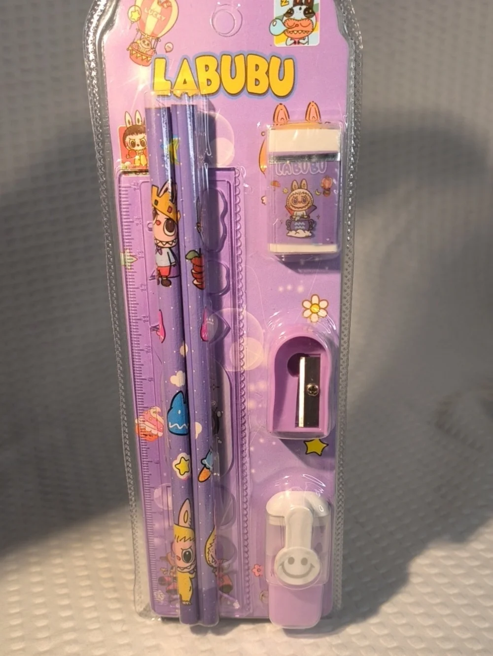 Labubu Purple Kids Stationery Set - Pencils, Ruler, Sharpener & Eraser